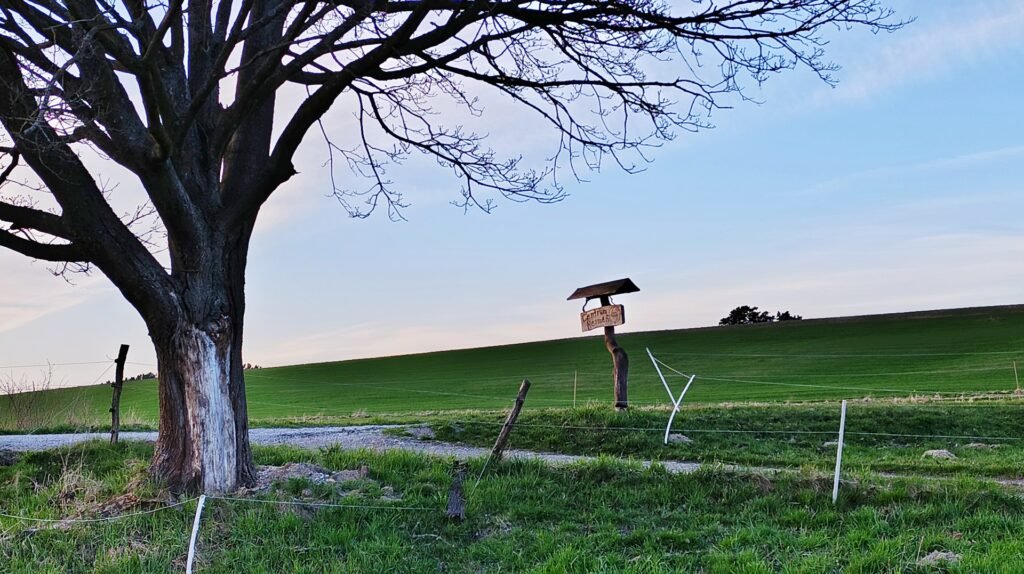 Příjezdová cesta s cedulí